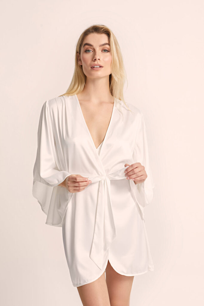 White satin wrap robe with wing sleeves and a sewn-in waist sash, front view