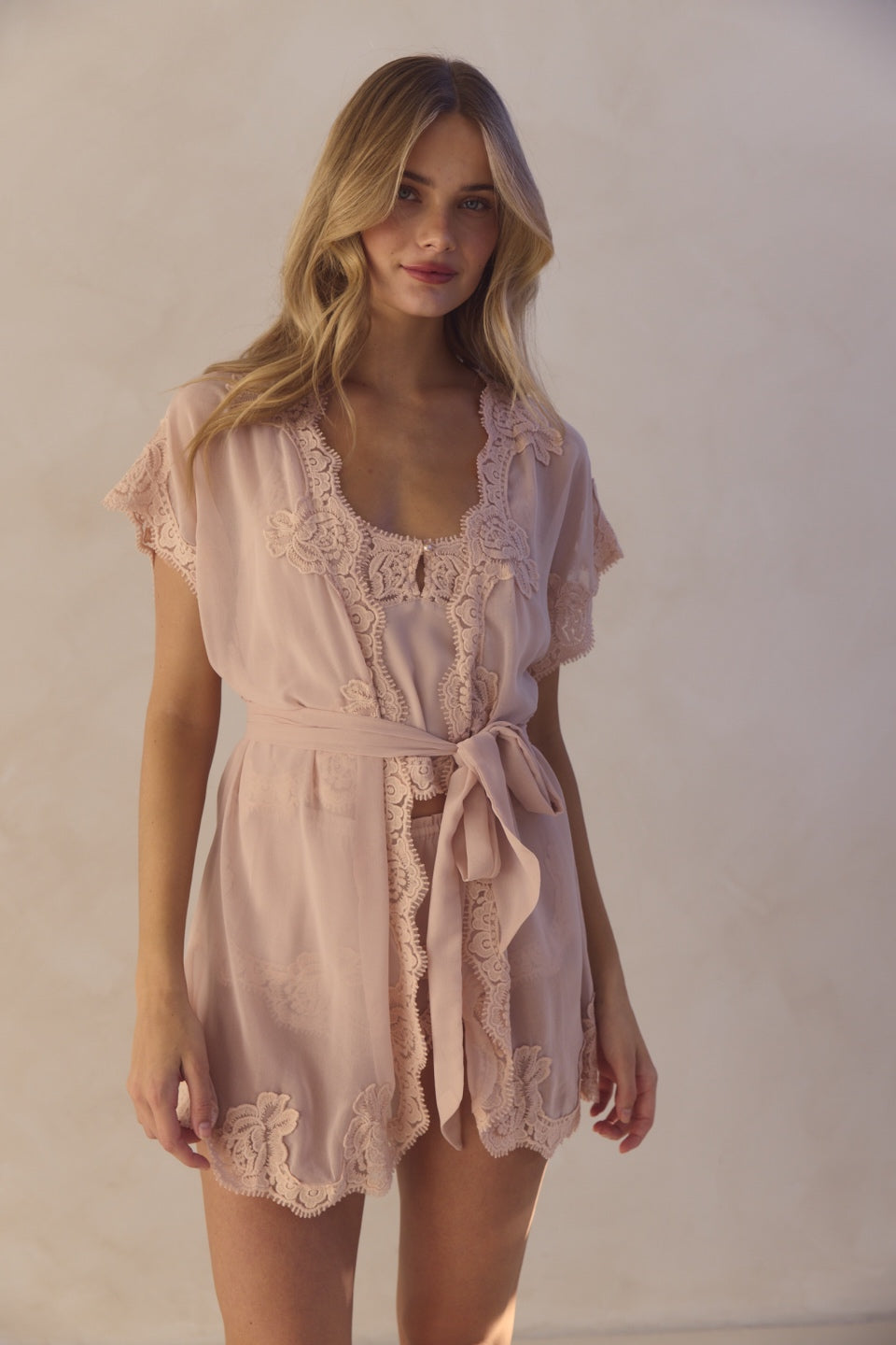 Estelle Mini Chiffon & Lace Robe — Blush - Image 2