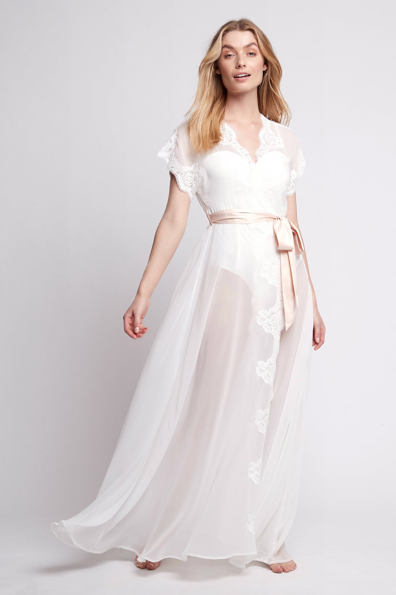 Farielle Long Chiffon Lace Robe — White - Image 3