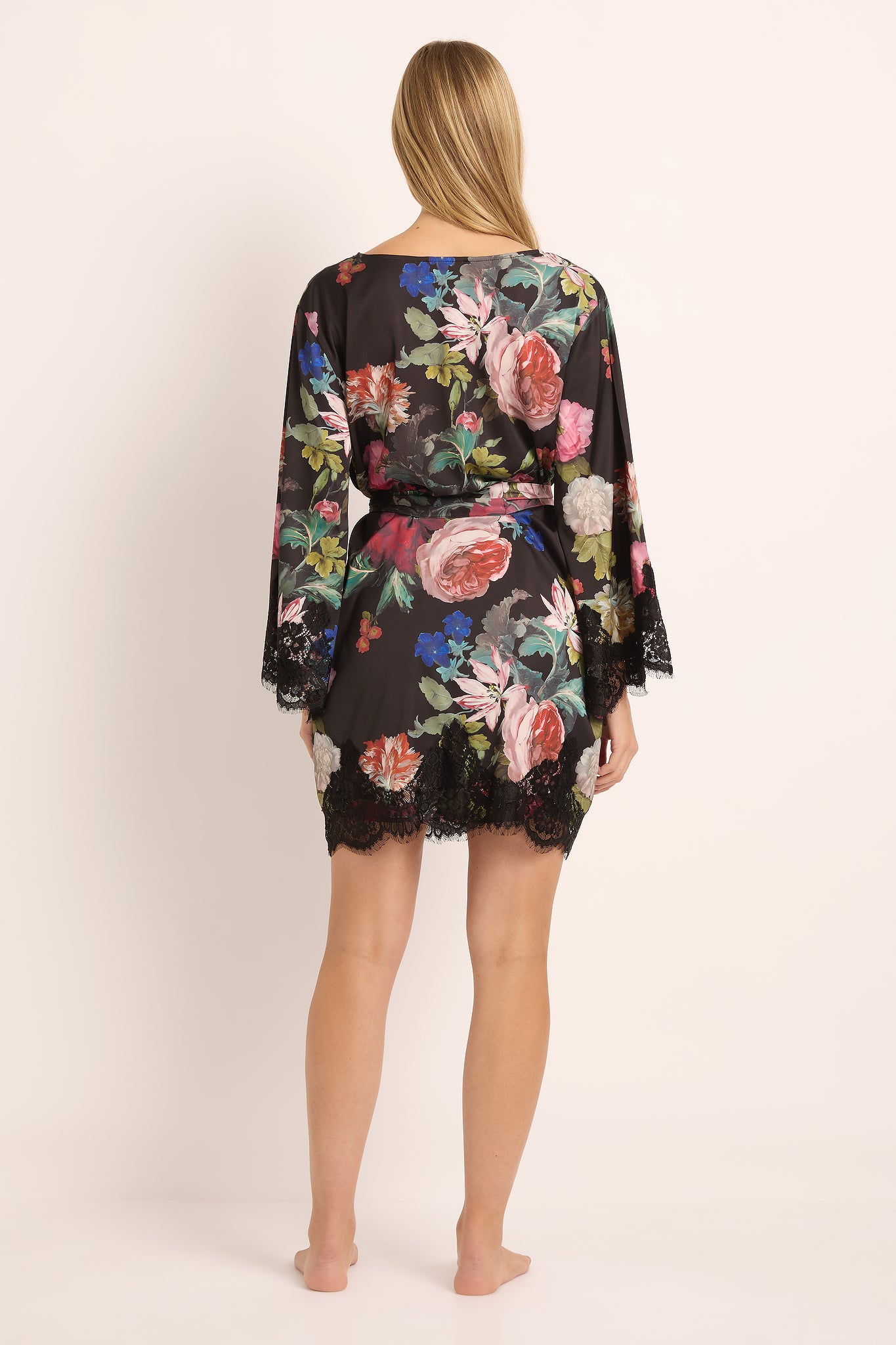 Solene Short Floral Lace-Trim Robe — Black Floral - Image 4