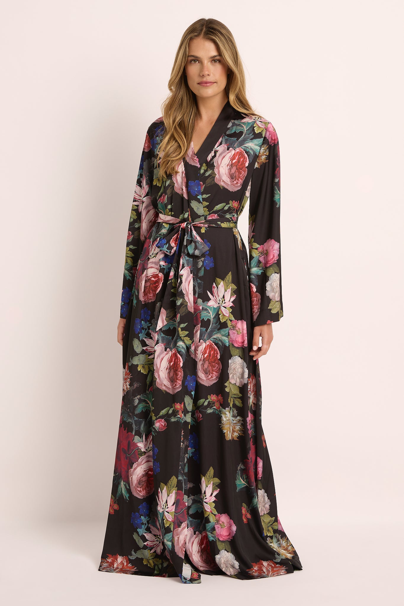Solene Floral Satin Maxi Robe — Black Floral - Image 2
