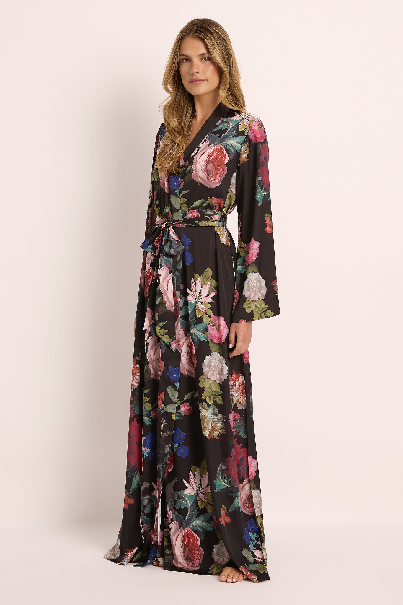 Solene Floral Satin Maxi Robe — Black Floral - Image 3