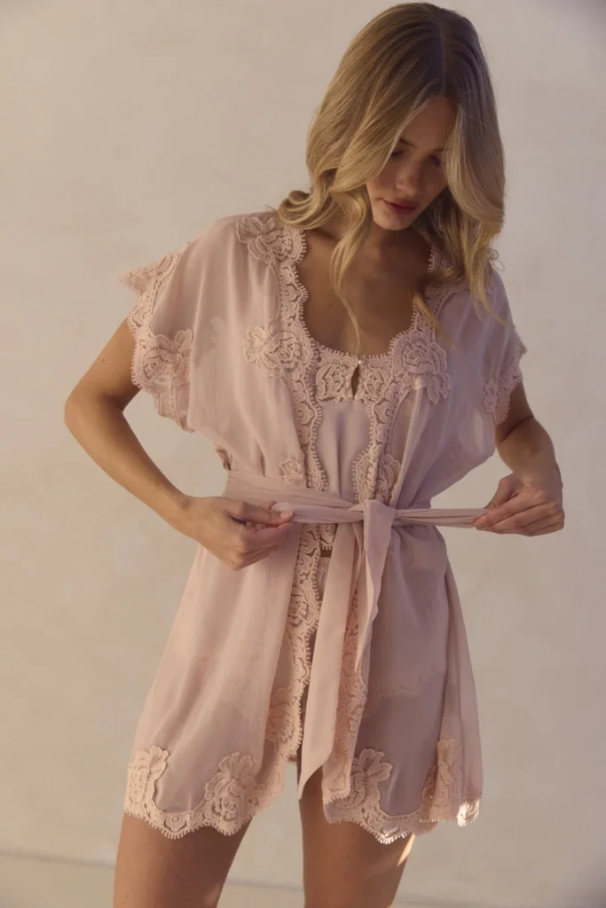 Estelle Mini Chiffon & Lace Robe — Blush