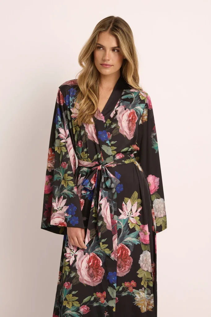 Solene Floral Satin Maxi Robe — Black Floral