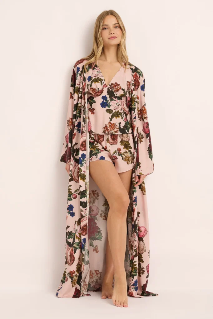 Solene Floral Satin Maxi Robe — Rose Blush Floral