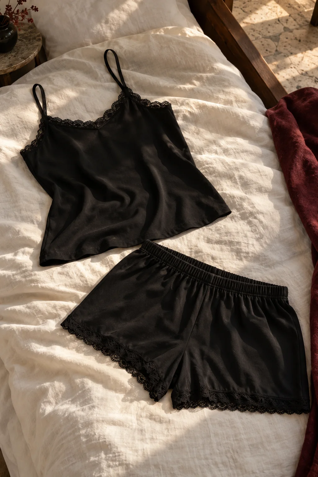 AI-generated black camisole and matching shorts with lace trim arranged on a bed