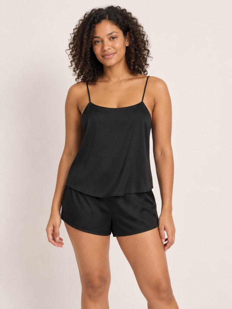 Black camisole and shorts set with thin straps, front styling view